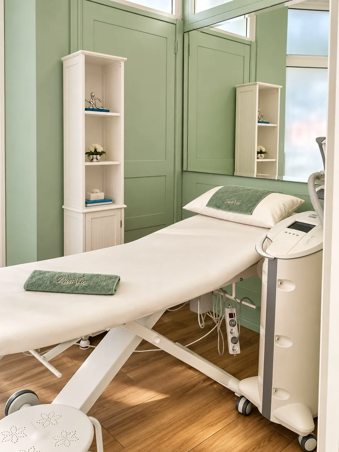 Cabine aux murs sauge avec table de soins
