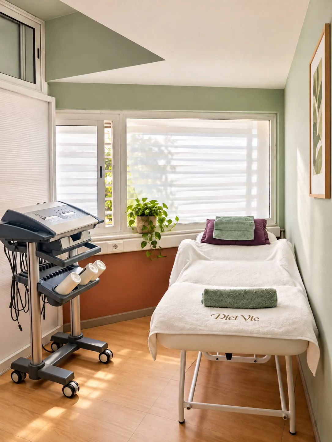 Cabine de soins avec table et linge brodé Diet Vie