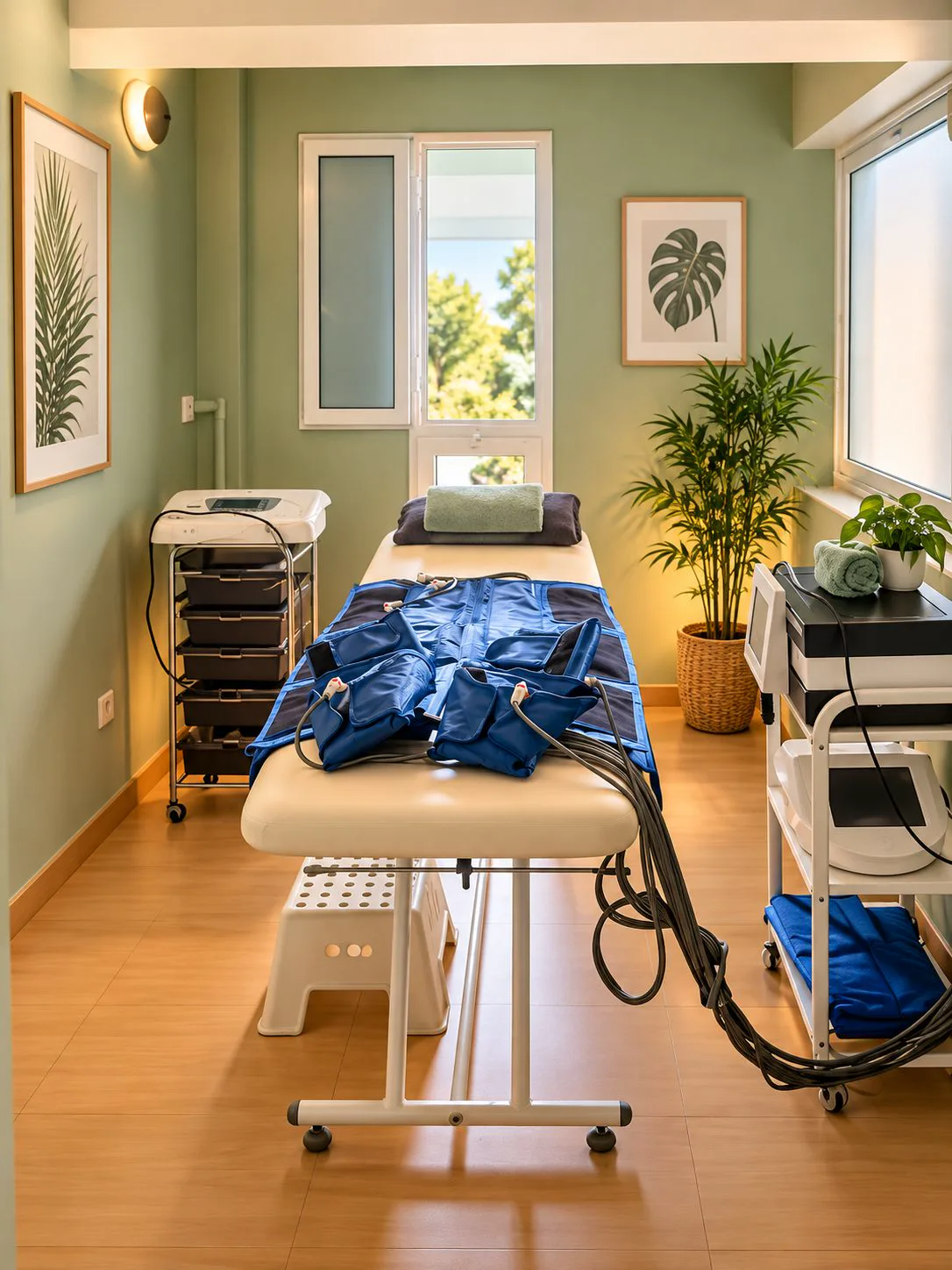 Cabine lumineuse avec table de soins et plantes